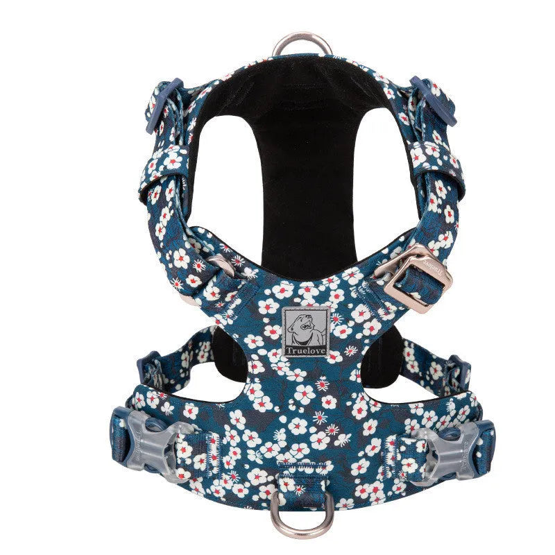 Pure cotton dog chest strap harness with floral pattern in red, blue, or green, showing pull-resistant design and adjustable sizing