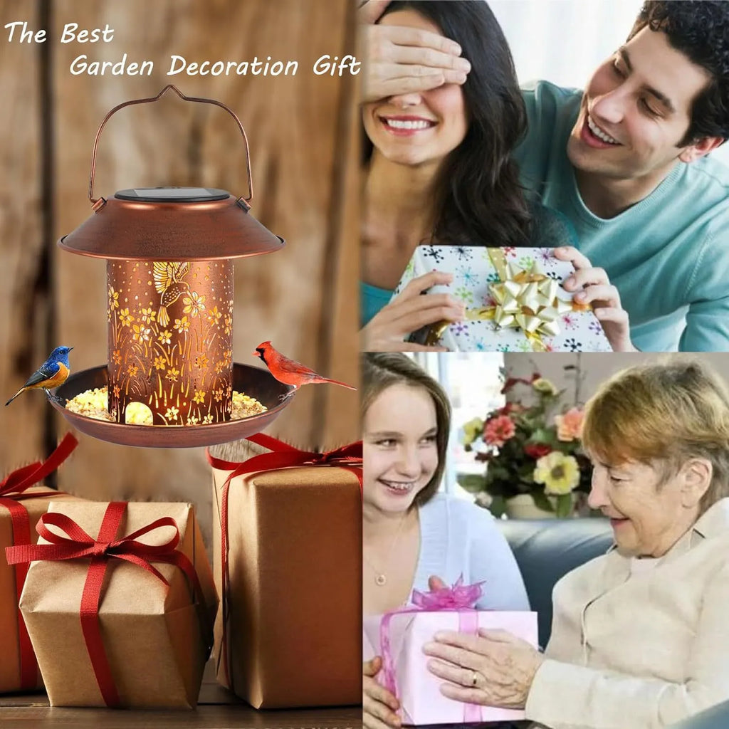 Solar-powered iron art hummingbird garden feeder lamp with waterproof IP65 rating.
