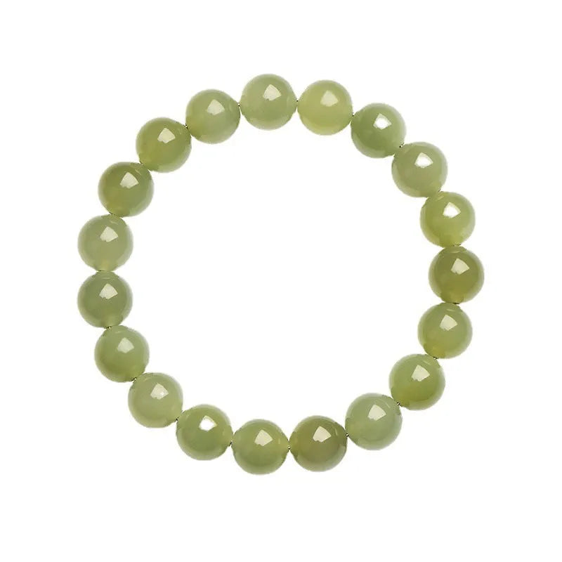 Polished Hetian jade bead bracelet in clear ice-like colours on a white background.
