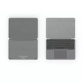 Grey folding Bluetooth keyboard with phone stand extended, showing compact folded size
