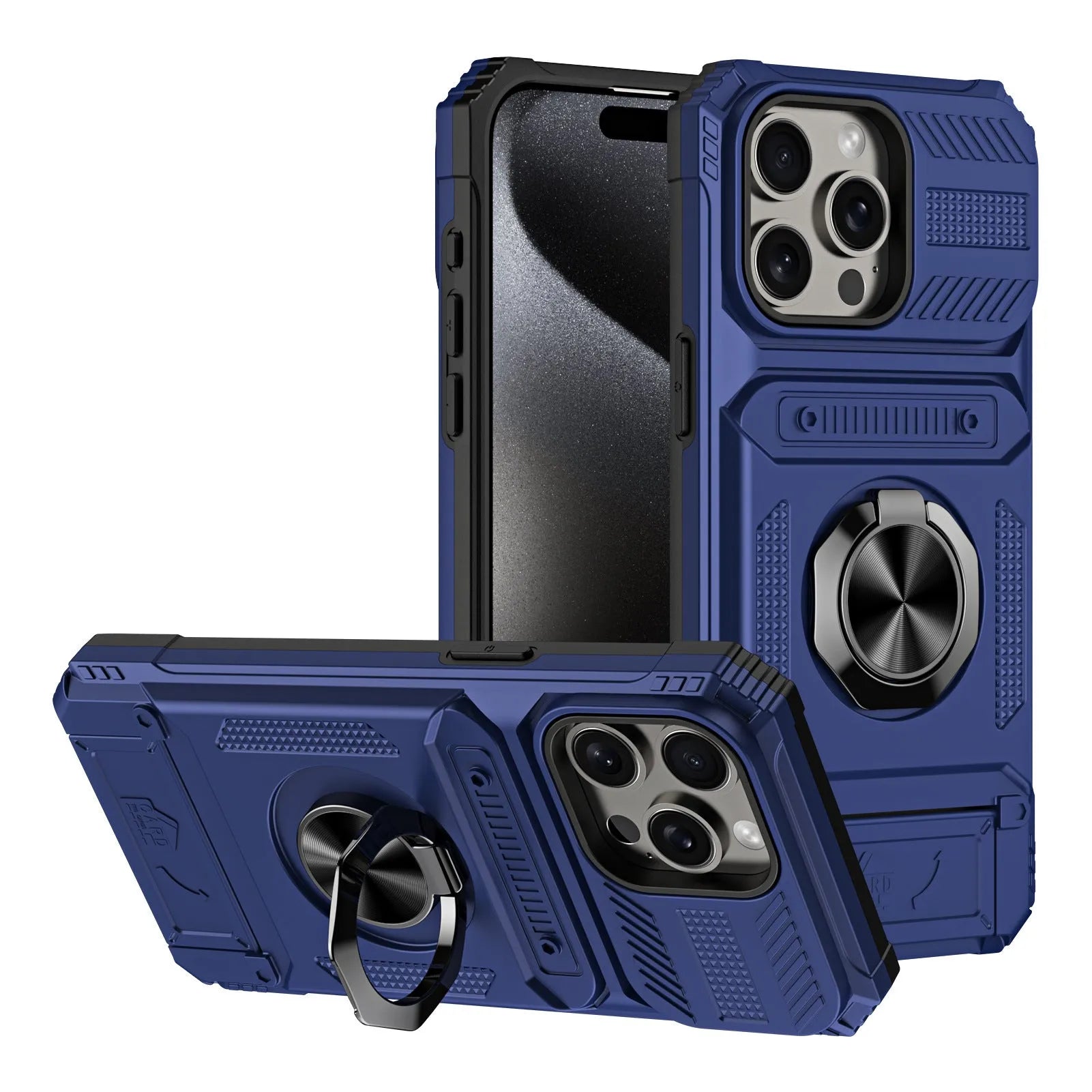 Black TPU PC metal phone case with hidden card slot and magnetic bracket for iPhone 15 Pro Max