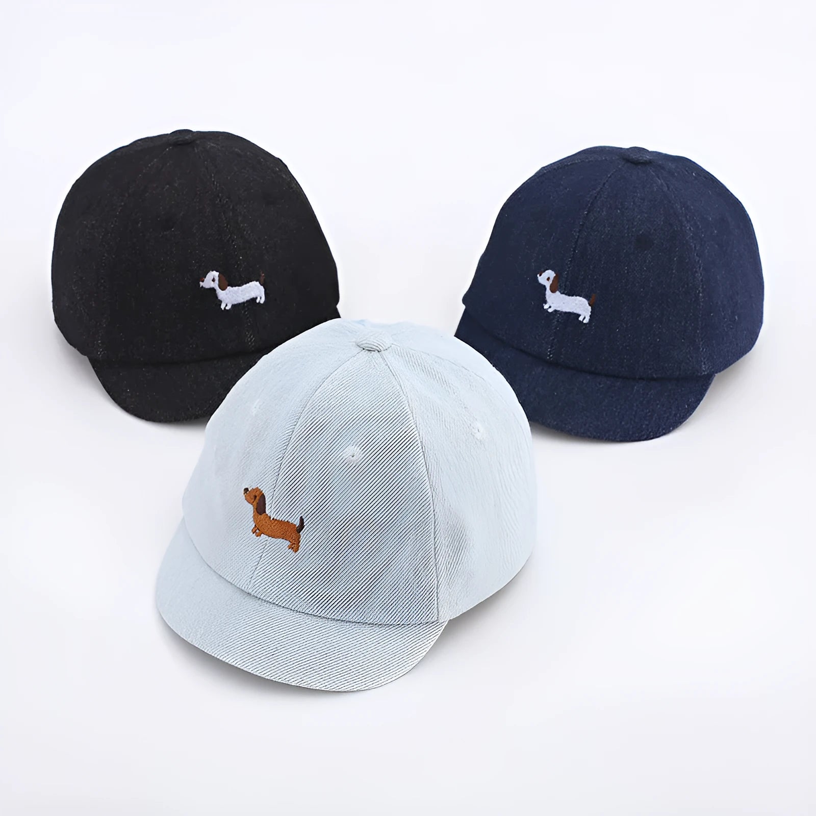 Babies denim baseball cap with puppy print in light blue, dome crown, 48cm size