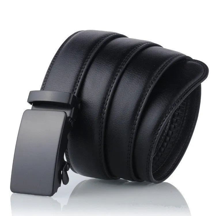 Black sliding buckle men's belt with automatic fastening and iron buckle on neutral background