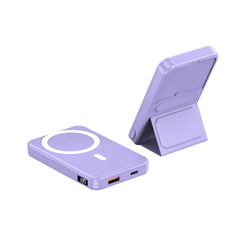 Magnetic wireless charging power bank with folding stand in pearl white colour.