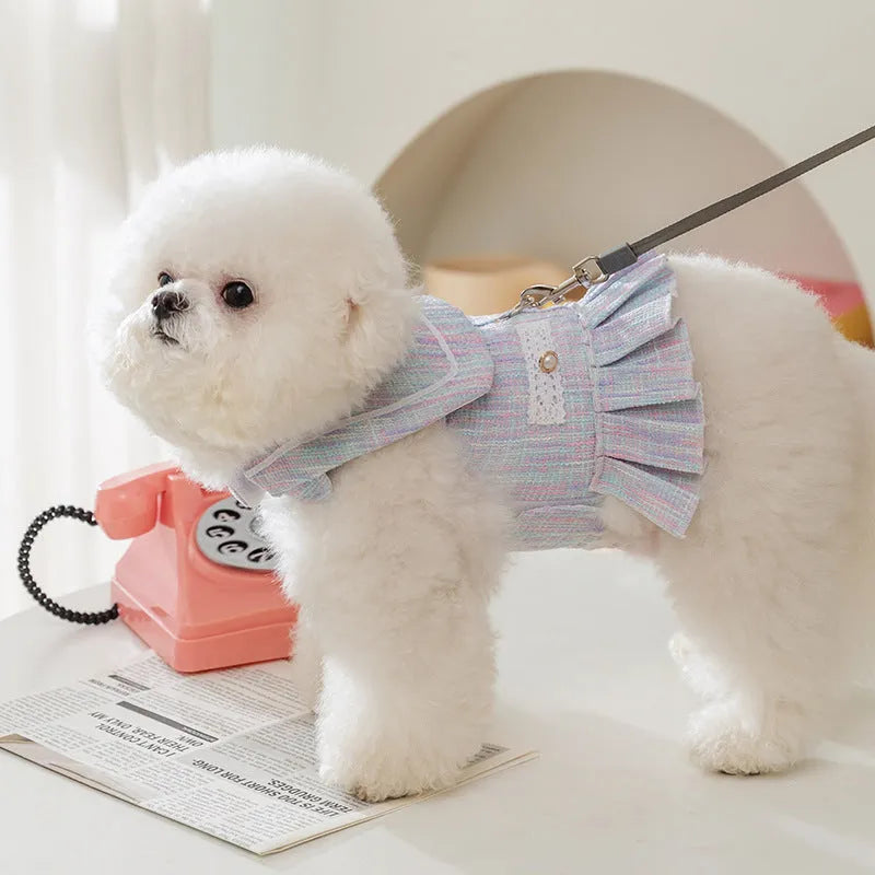 Purple and pink polyester pet clothes for small cats and dogs in four different sizes