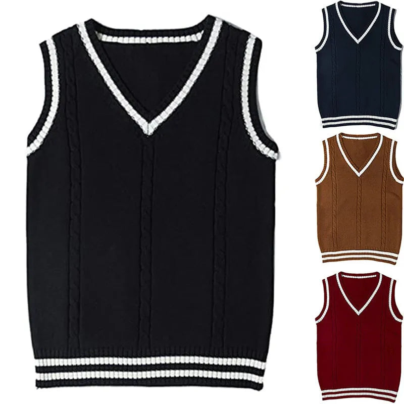 Women's V-neck knitted waistcoat with striped stitching in slim fit pullover style