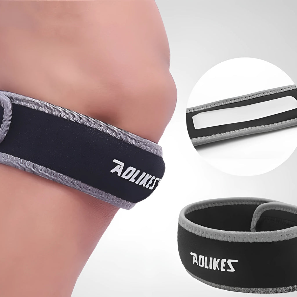 Black and grey patella retinaculum knee strap for adult sports protection during running, football and basketball