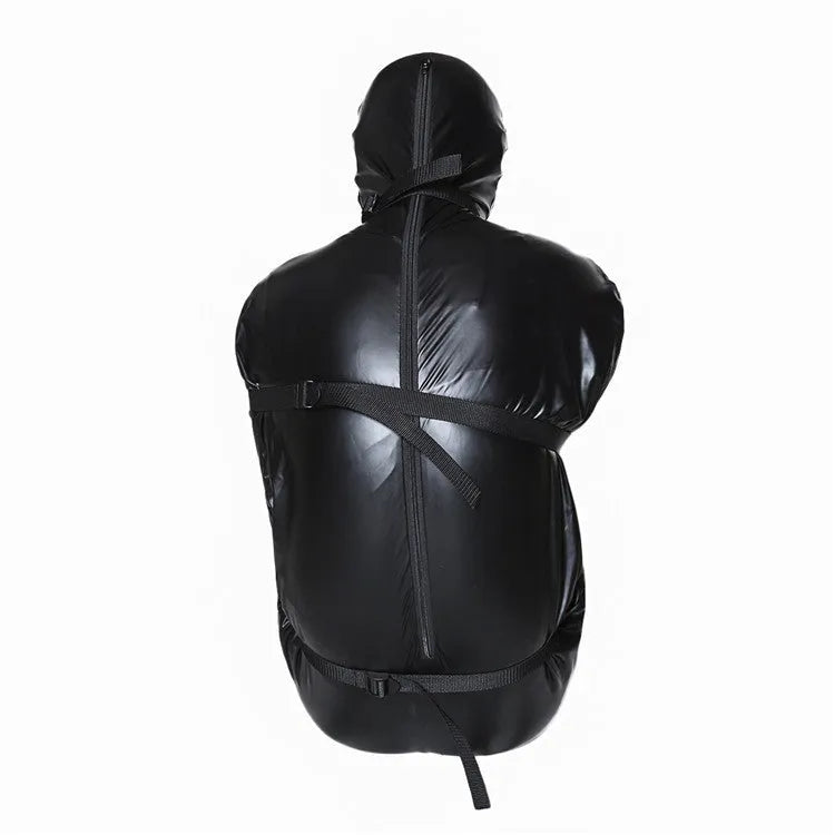Black patent leather bondage kit with full-coverage garment and six ratchet tie-down straps
