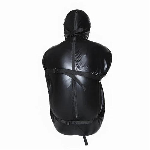 Black patent leather bondage kit with full-coverage garment and six ratchet tie-down straps