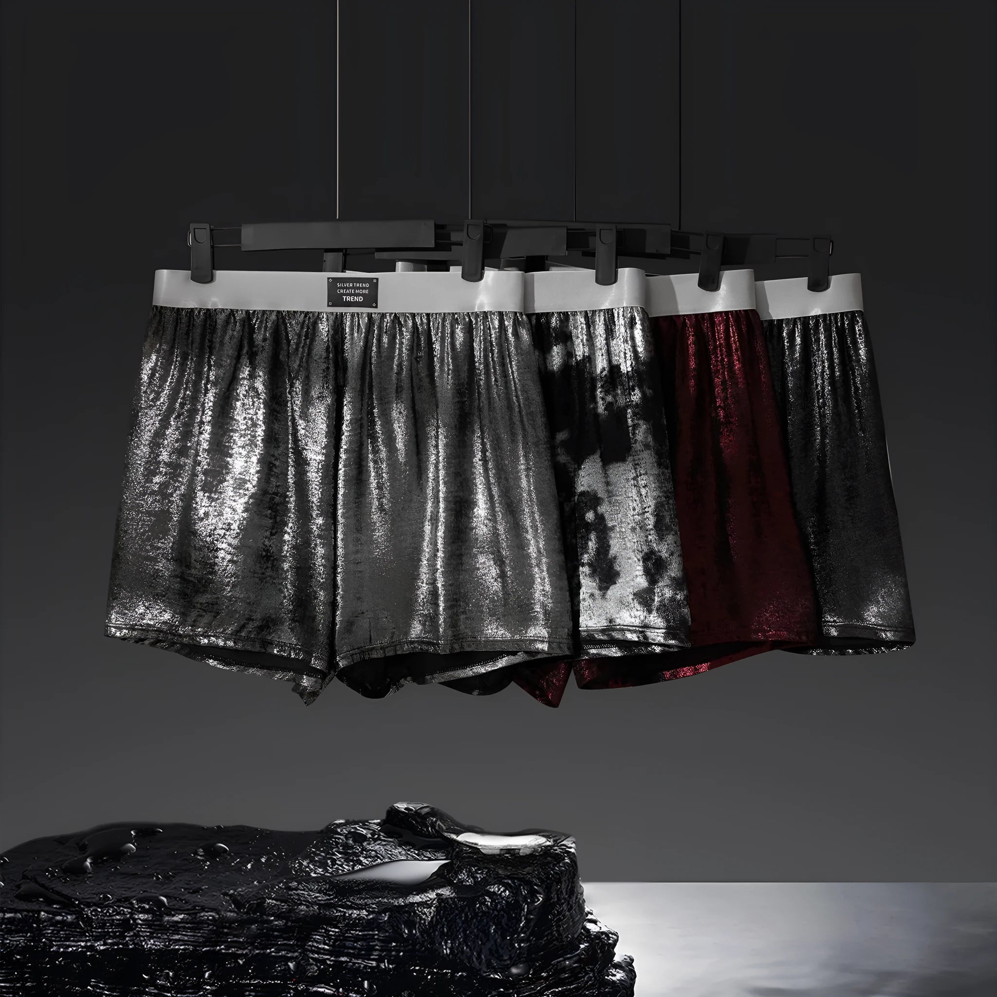 Galaxy reflective bright silver casual woven underwear with loose fit and mid waist design for sports activities