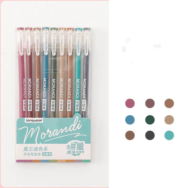 Set of nine retro-style gel pens with 0.5mm needle tips in assorted cute colours