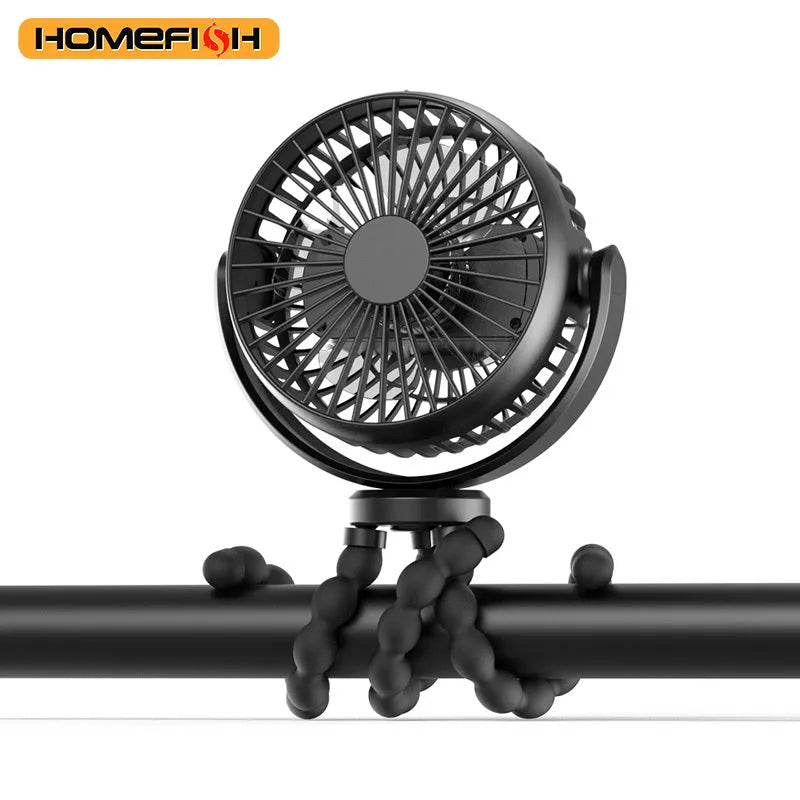 HOMEFISH F2 portable fan with automatic head shake, LED light, and removable mounting bracket.