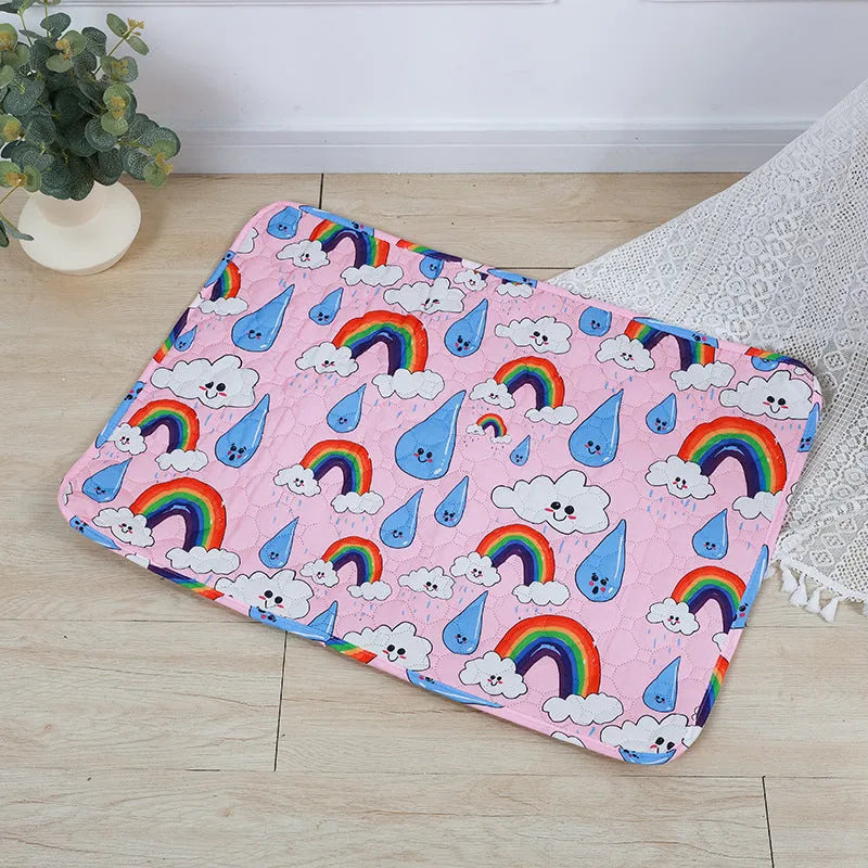 Washable waterproof pet urine pad showing animal pattern design and size options