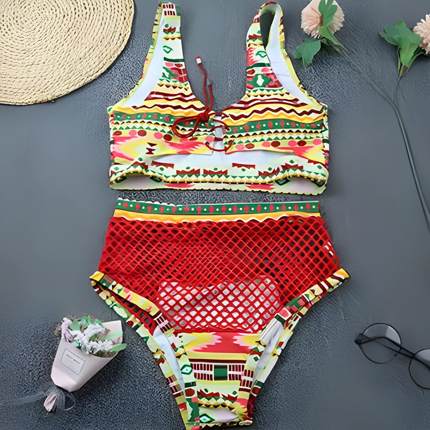 Women's cross strap fishnet high waist bikini set in multicolor checkered pattern, polyester swimsuit with top and shorts