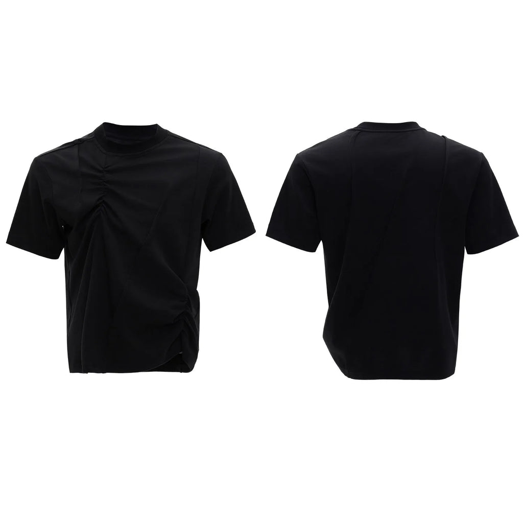 Men's loose fit cotton T-shirt with pleated detailing and asymmetric stitching in black colour