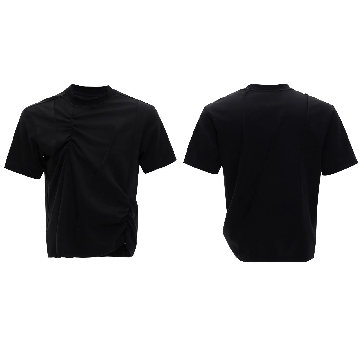 Men's loose fit cotton T-shirt with pleated detailing and asymmetric stitching in black colour