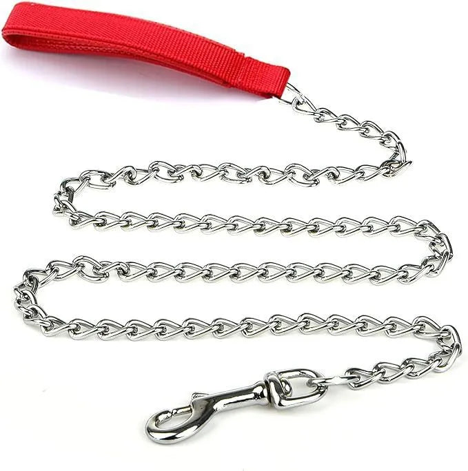 Heavy duty metal dog leash with soft padded handle and chew-proof chain in black, blue, or red.
