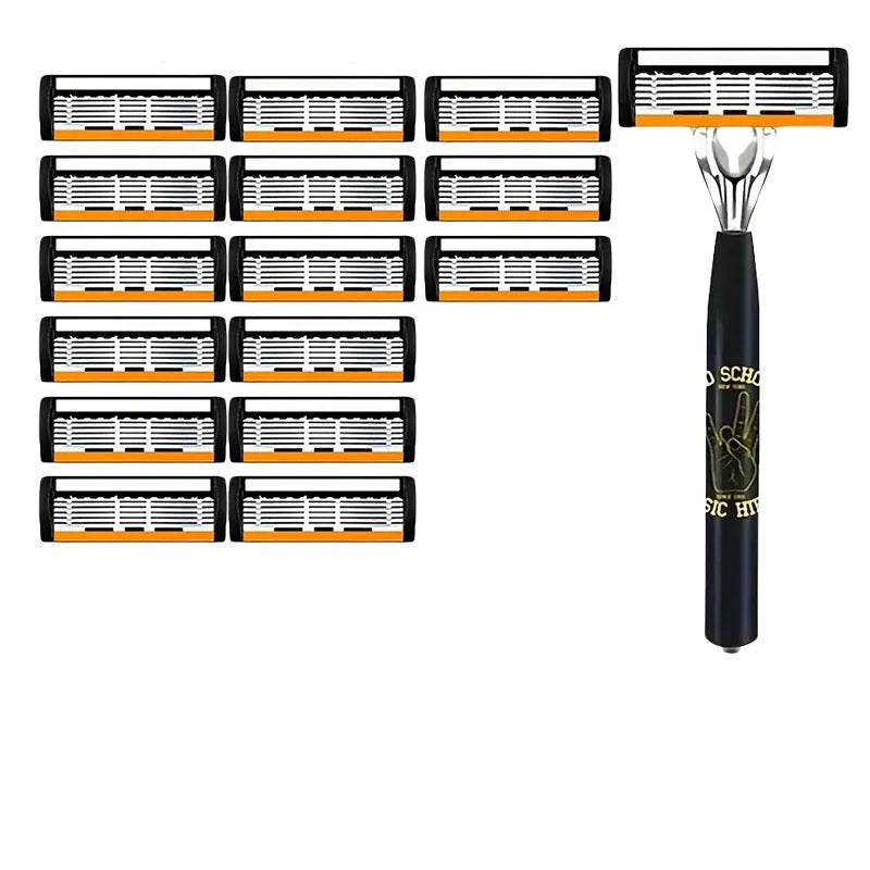 Black manual shaver handle with six-layer finger grip design and multiple blade configurations