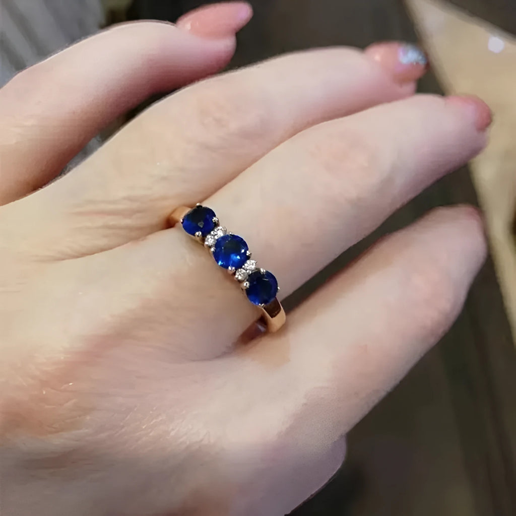 Purple gold plated rose gold geometric blue stone ring for women with adjustable opening on copper band