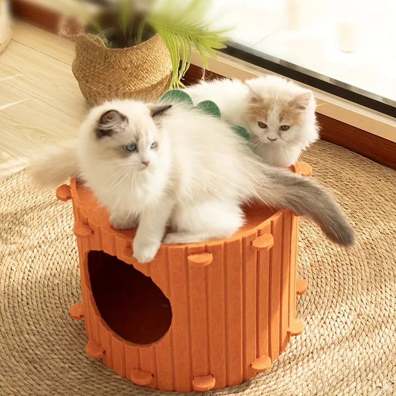 Carrot-shaped grey felt cat tunnel nest for cats, shown in a semi-enclosed design.