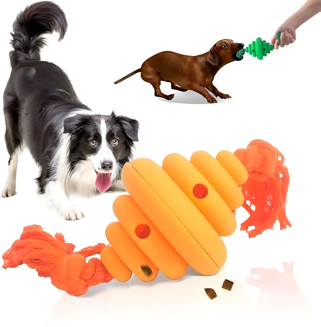 Green and yellow silicone dog ball with rope knot, showing spiral design for treat dispensing.