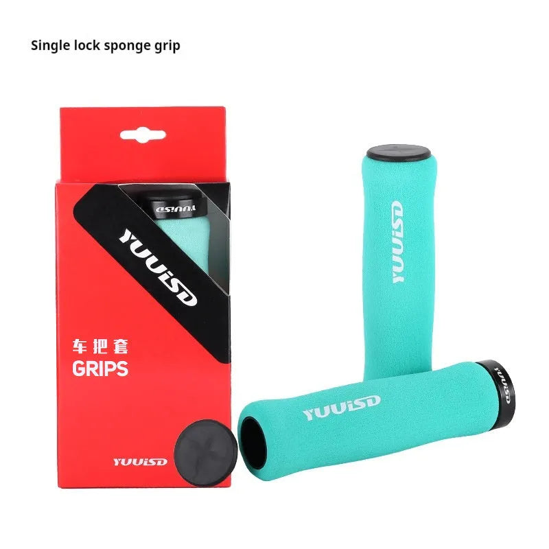 Mountain bike sponge handlebar grip covers in black, purple and biange colours showing soft material and lock-on design