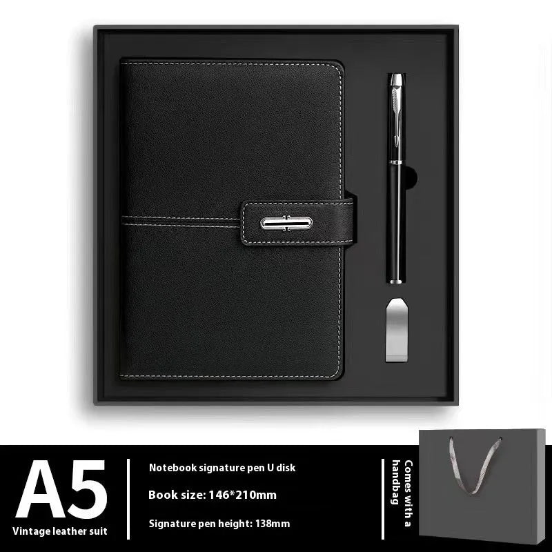 Custom A5 notebook with imitation leather cover in Business Black showing wood-free paper interior pages