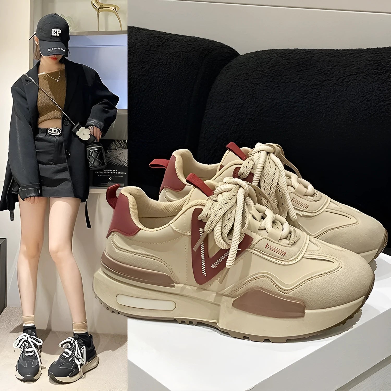Women's black platform trainers with round toe and lace-up design, showing rubber sole