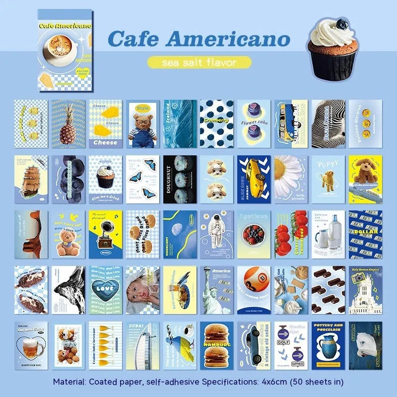 American retro cartoon sticker book open to show 4x6cm sheets in various colours including pink and black.