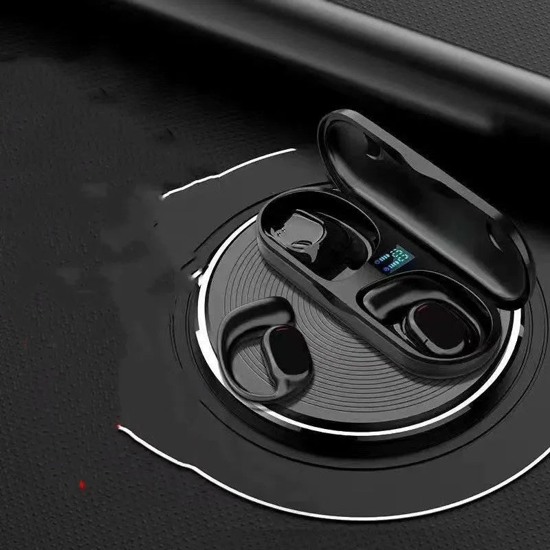 Wireless sports headphones with digital display and charging case in black