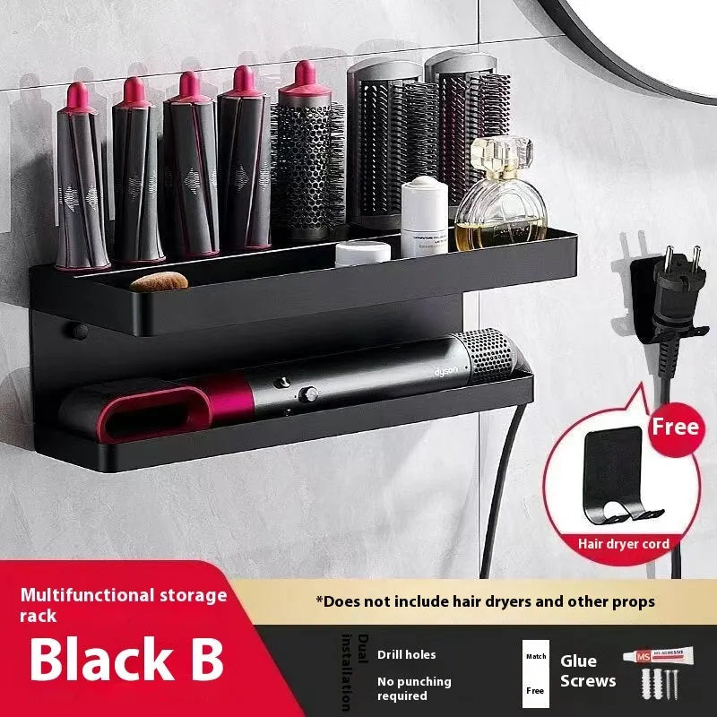 White aluminium double-layer bathroom storage rack holding hair curlers with adhesive wall mounting