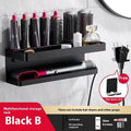 White aluminium double-layer bathroom storage rack holding hair curlers with adhesive wall mounting