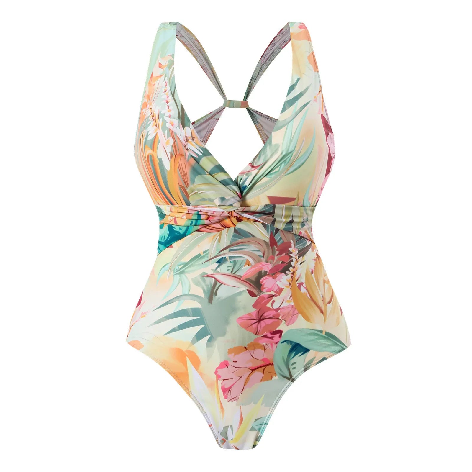 Women's vintage print one-piece swimsuit with short sleeves in a yellow floral pattern.
