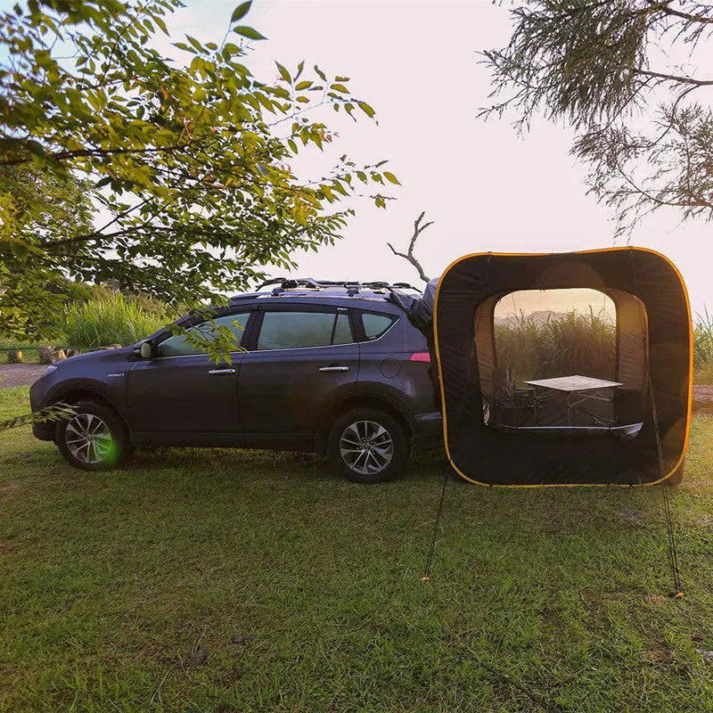 Black pop-up car tail tent unfolded to 200cm size with storage bag