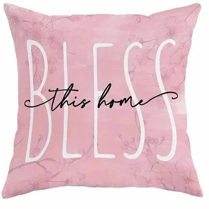Square short velvet cushion cover with cherry blossom and letter print in 45cm size.