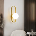 Minimalist wall lamp with glass shade and iron body in black or gold finish showing 12W bulb options