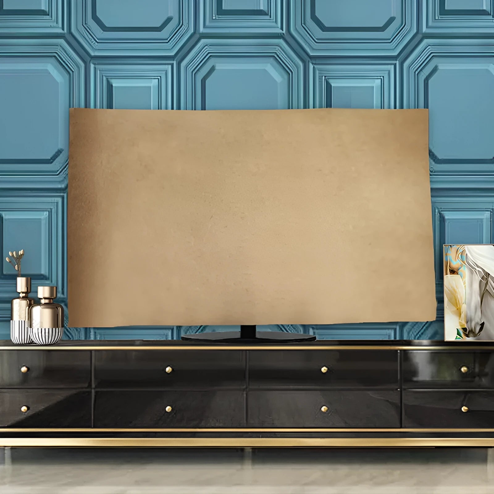 Velvet fabric TV cover draped over a television, shown in pink, black, gray, khaki, light blue and dark green colour options.