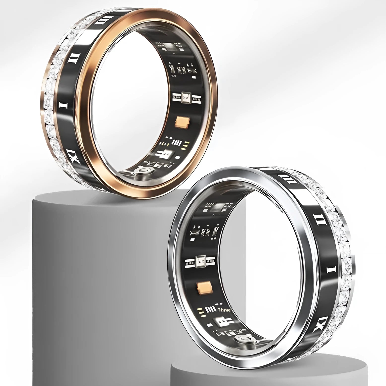 Diamond inlaid smart ring in silver and gold colours showing health monitoring technology integrated into jewellery design