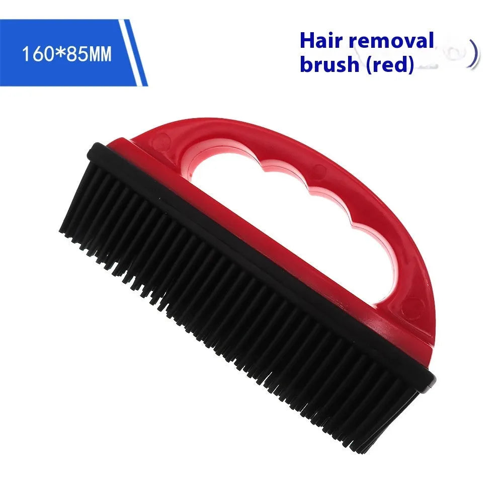 Red pet grooming brush with hair removal and massage functions for bath time and carpet cleaning