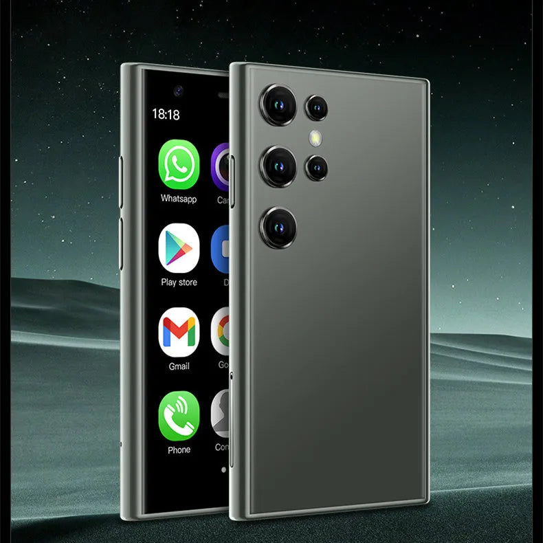 Mini Android smartphone with 30cm screen in black, green or pink purple colours showing compact design
