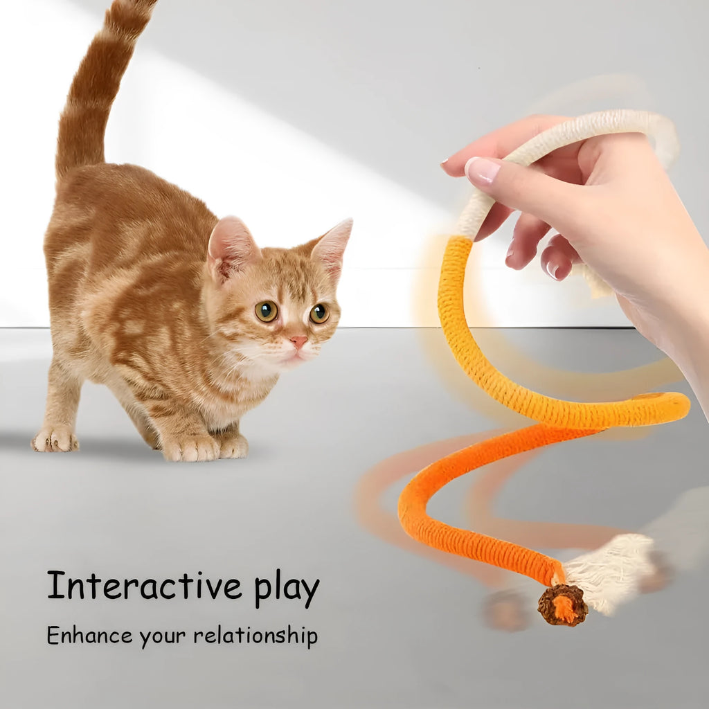 Bite-resistant cat teaser toy with a long cotton string and a catnip stuffy attached, showing purple, orange, and green colour options.