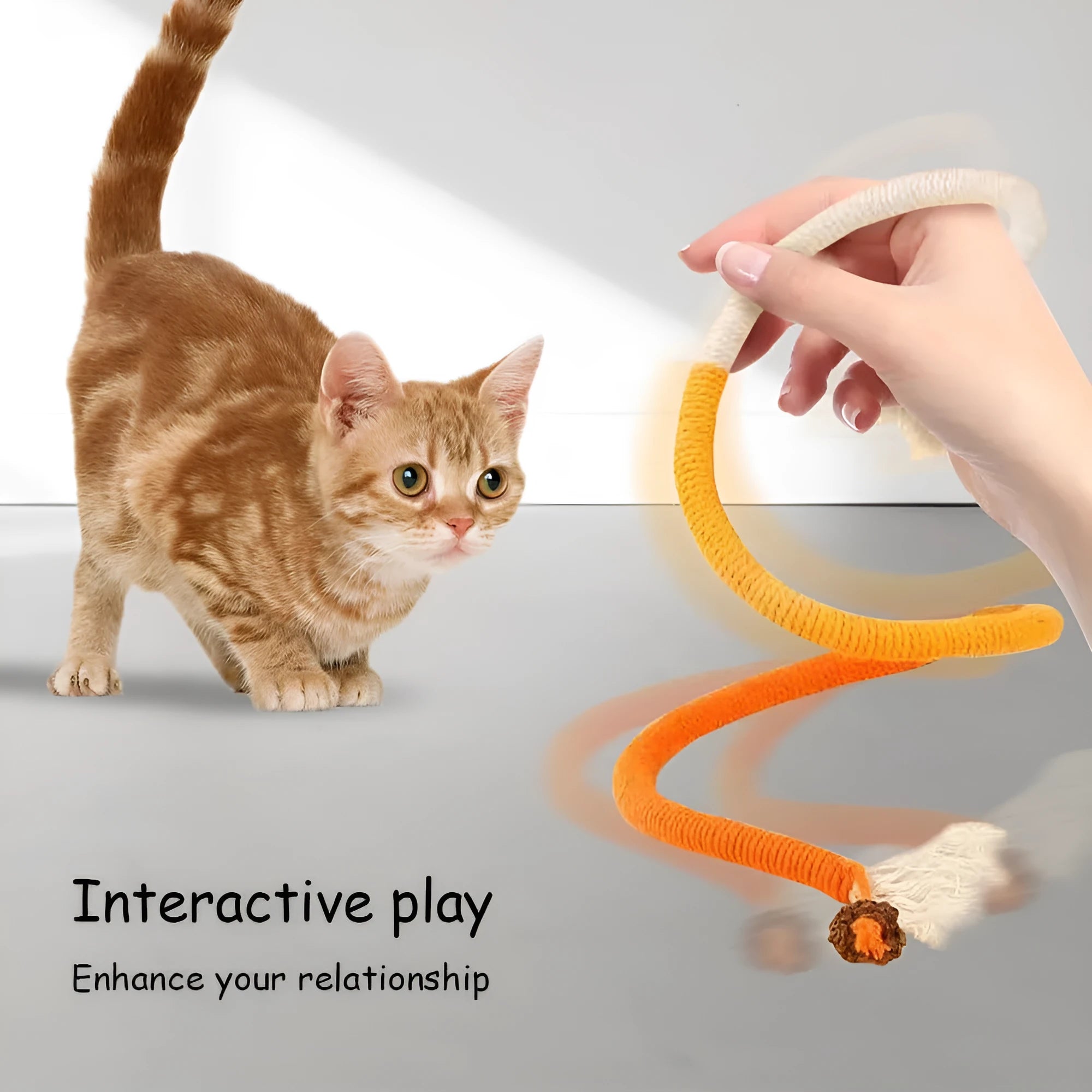 Bite-resistant cat teaser toy with a long cotton string and a catnip stuffy attached, showing purple, orange, and green colour options.