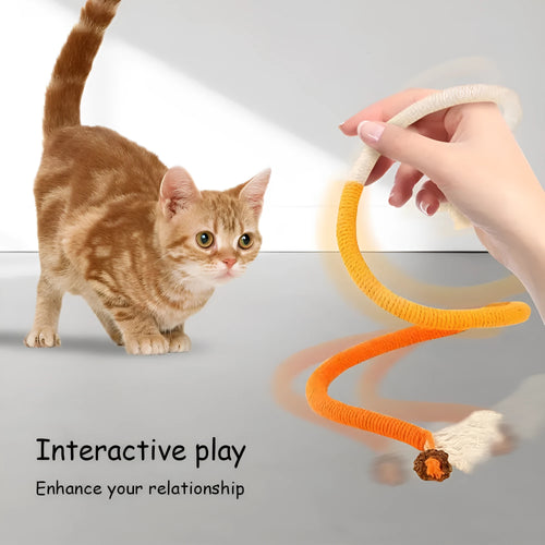 Bite-resistant cat teaser toy with a long cotton string and a catnip stuffy attached, showing purple, orange, and green colour options.