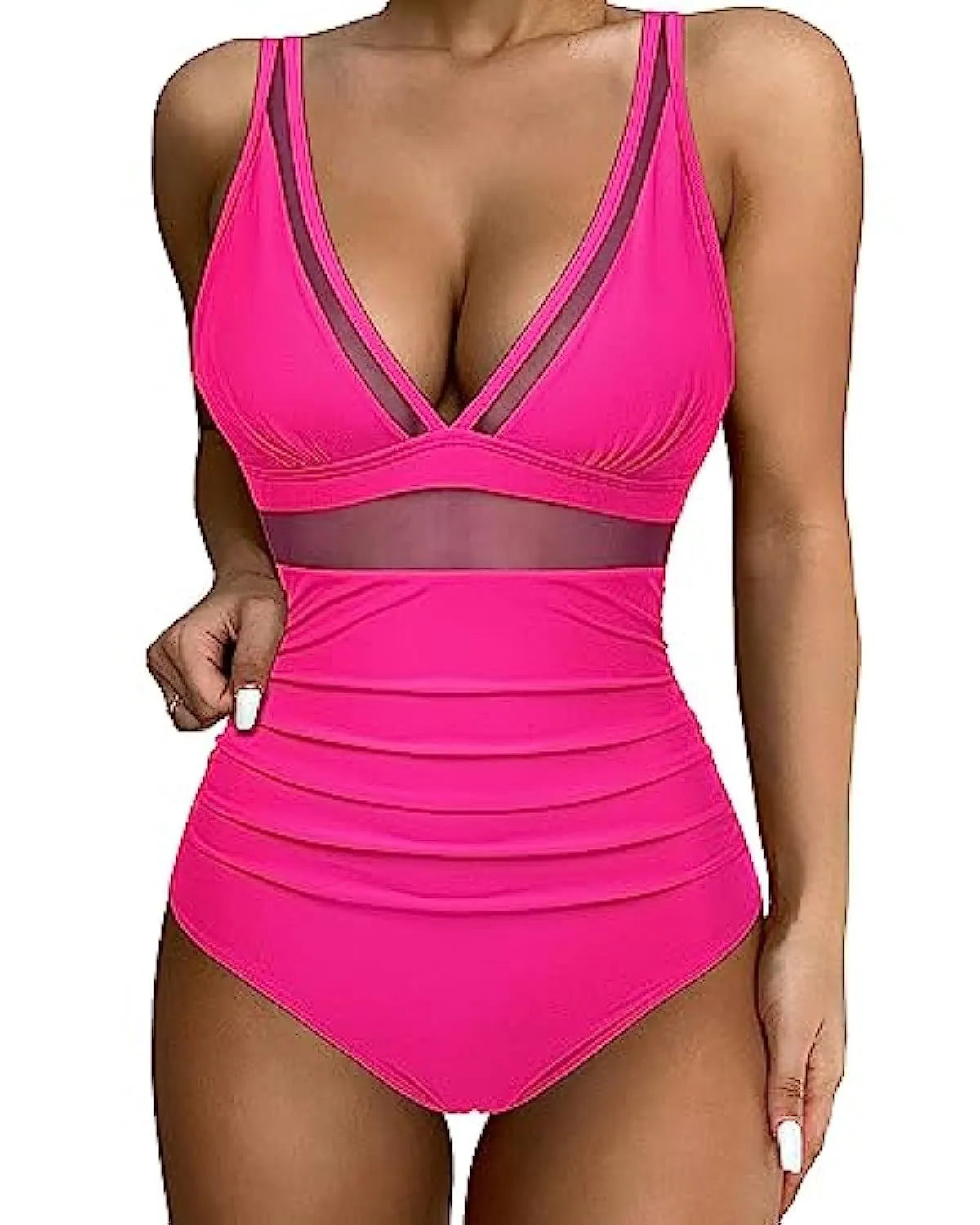 Women's high-waist one-piece swimsuit in polyester fabric available in multiple colours and patterns