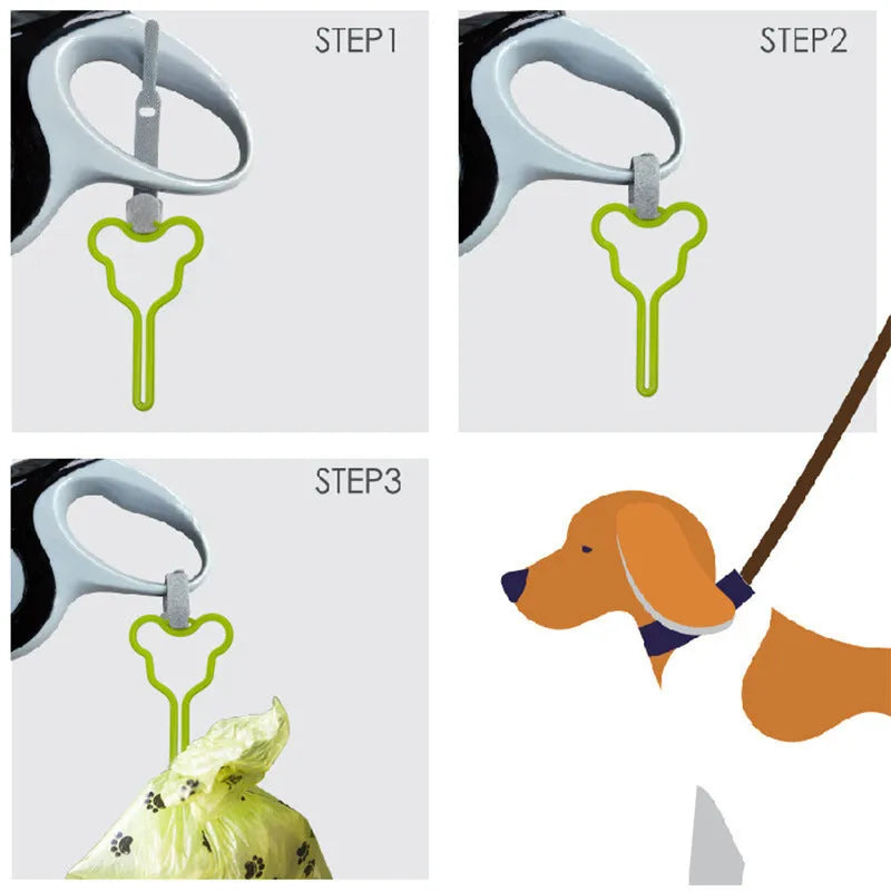 A dog poop bag holder with a fixed clip and adjustable Velcro strap, shown in a random colour.