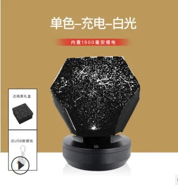 LED starry sky projector night light showing constellation projection on a bedroom ceiling.