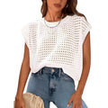 White women's crochet sleeve pullover sweater with loose fit and round neckline