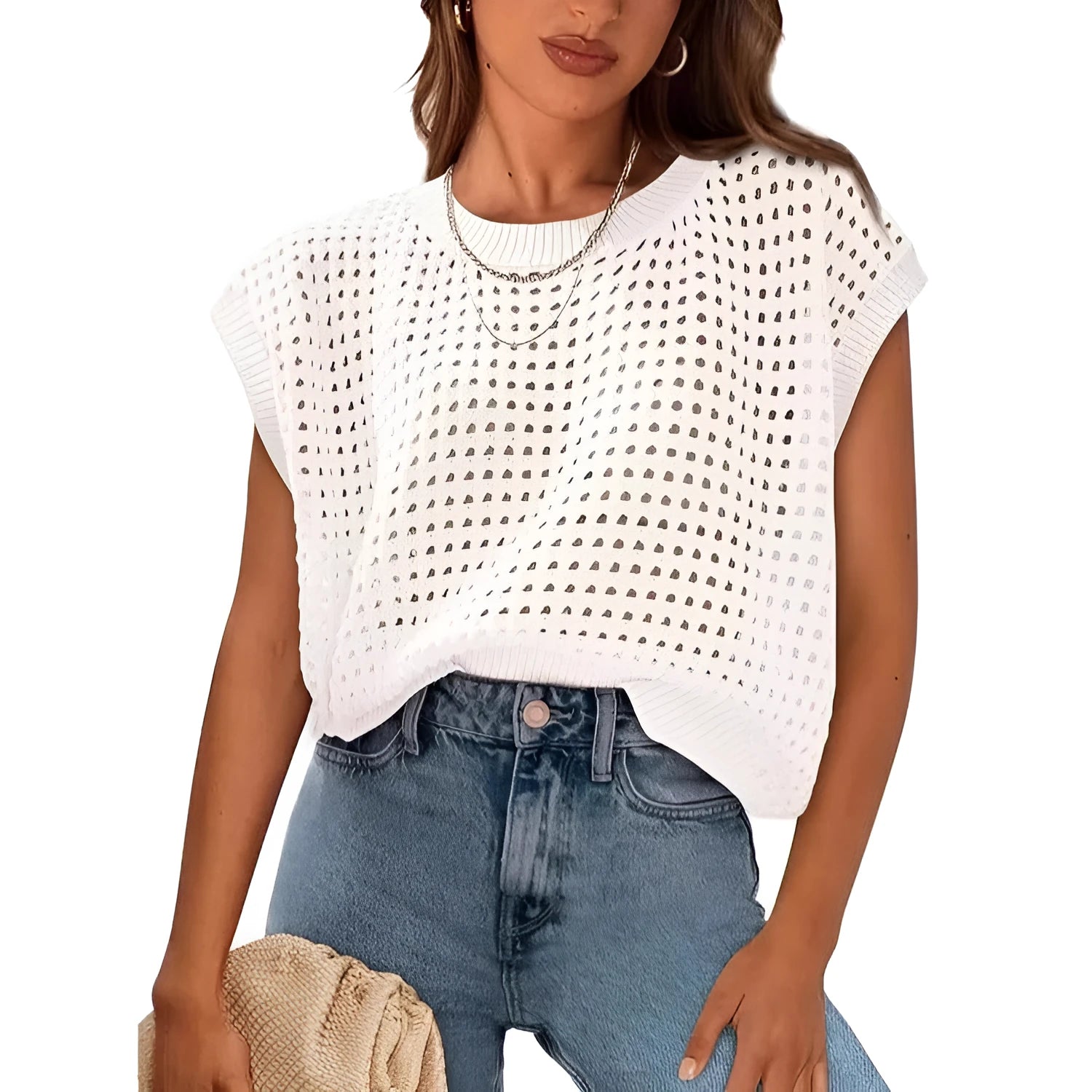 White women's crochet sleeve pullover sweater with loose fit and round neckline