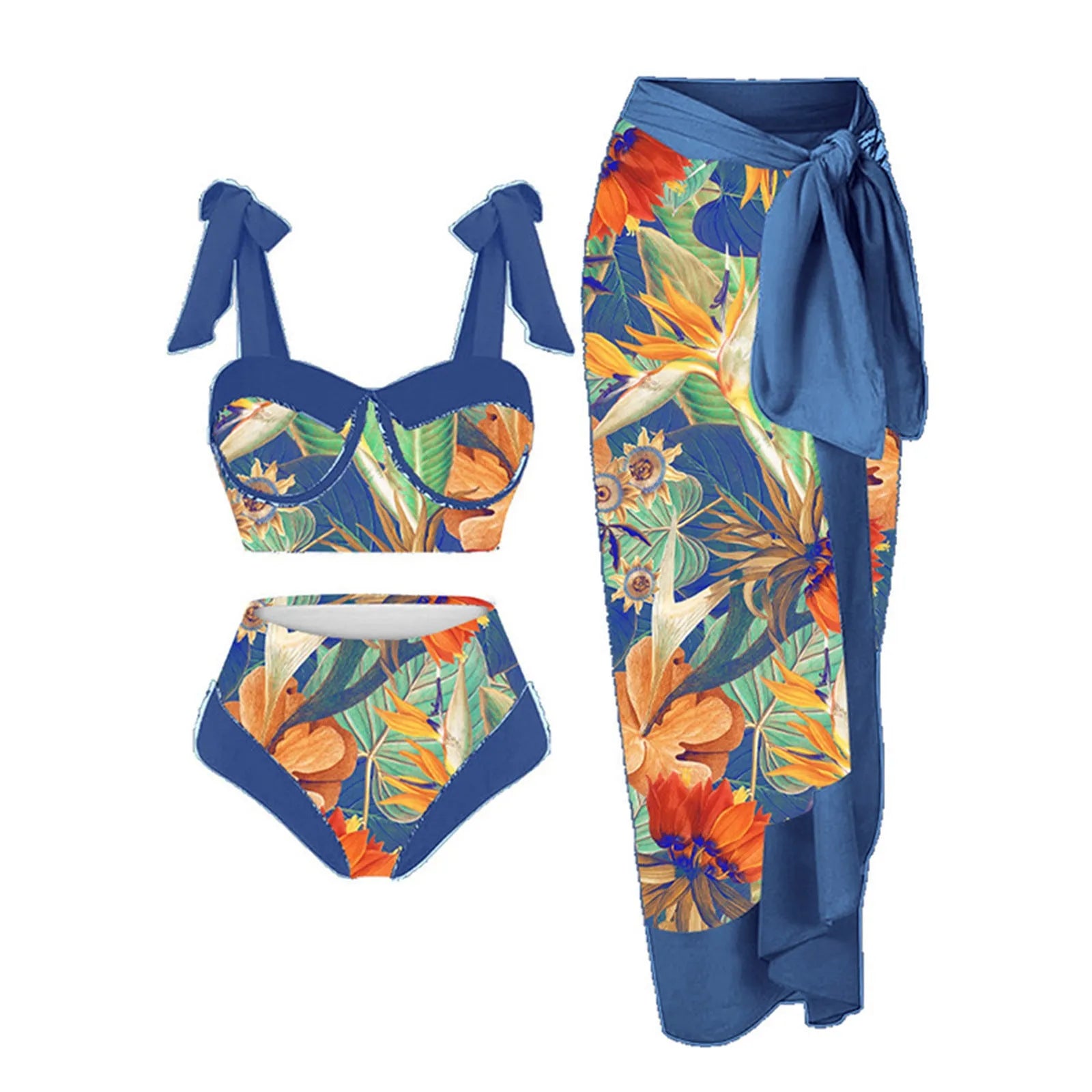 Women's printed three-piece swimming costume with bra, skirt and briefs in polyester fabric