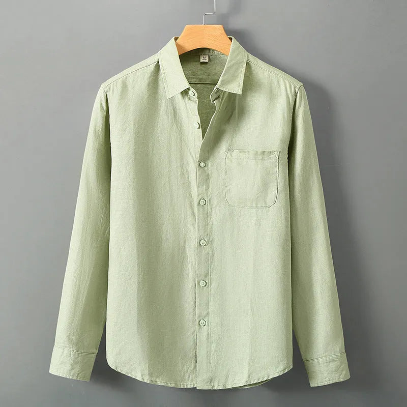 Long sleeve loose-fit linen cardigan shirt in Chinese style on a hanger